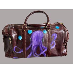 Made in Italy 100% Leather Duffle Bag  Hand-Painted Octopus Brass Accents & Doub